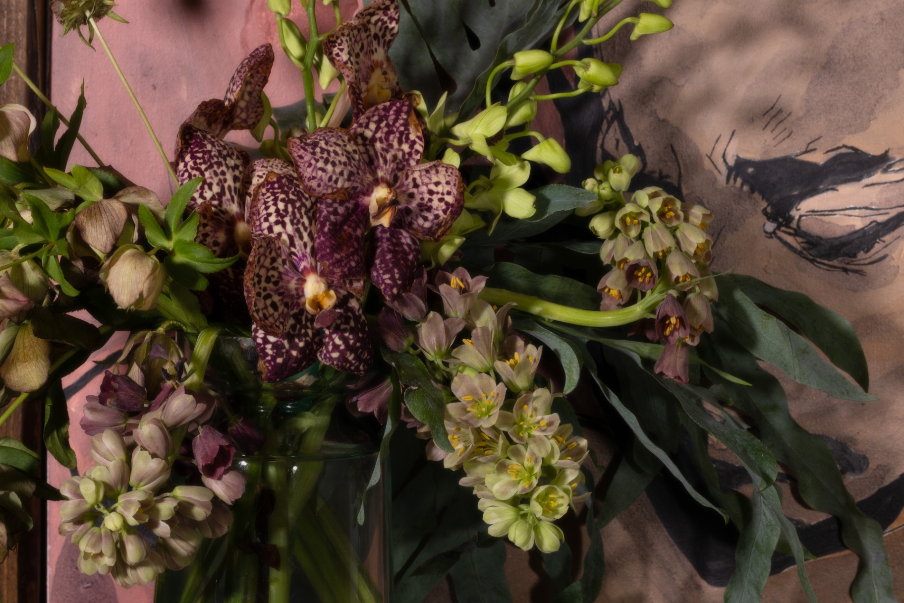 Spotted vanda orchid arrangement set against a painted backdrop