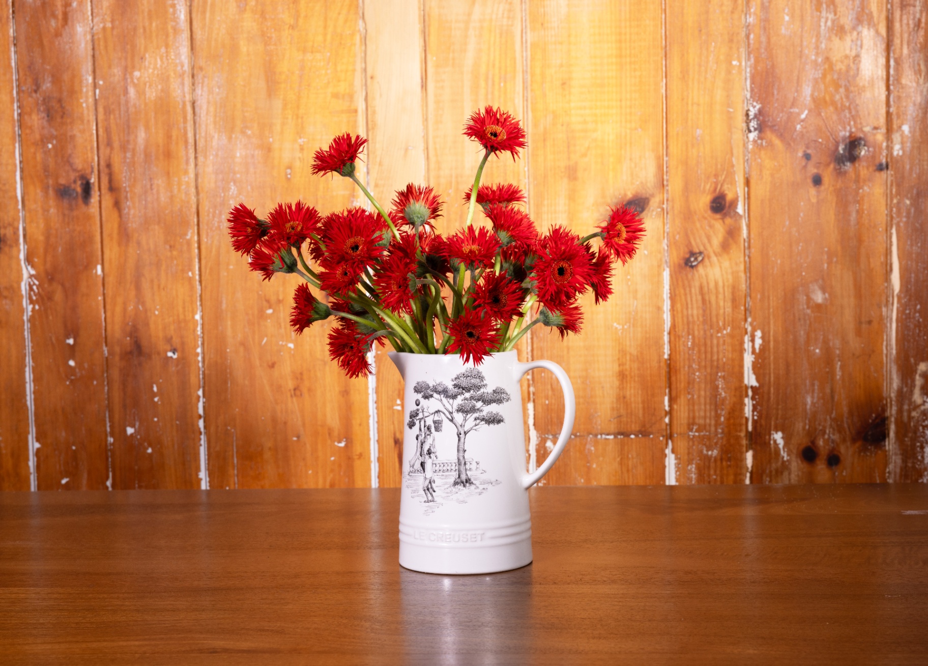 Pitcher of red spider gerbera against a warm wood backdrop